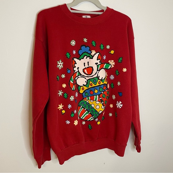 Vintage Christmas Cat Sweatshirt Large Red Ugly Sweater BJ Designer - Picture 3 of 14
